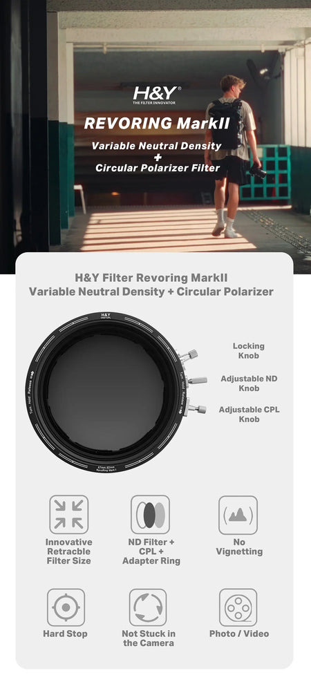 -H&Y Filters RevoRing MKII Variable ND3-ND1000 & Circular Polarizer Filter (58-77mm)-Variable Lens Adapter VND+CPL Filter-H&Y Filters