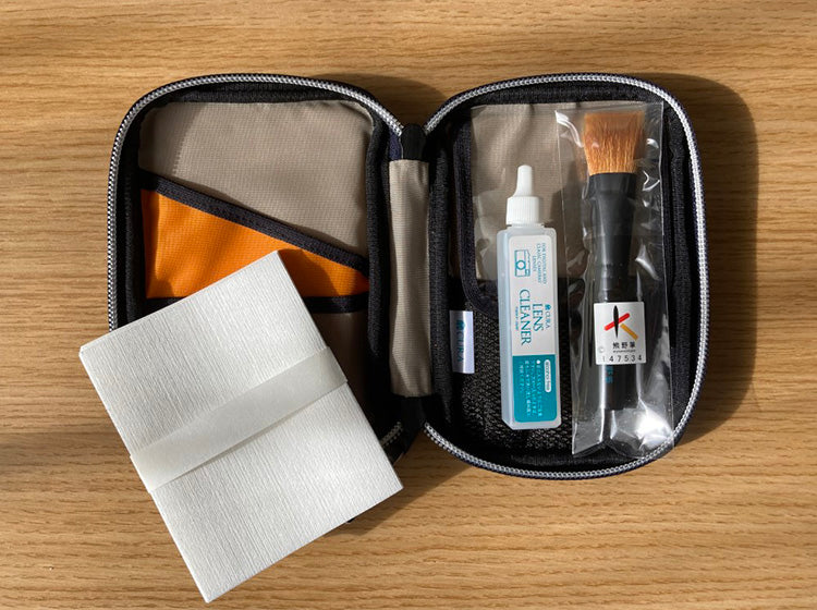 CURA CFCD-100 Denim Sashiko Pouch with Orange Inlay Cleaning Set - includes Kumano Brush + Lens Cleaner (15ml) + Micro Wiper (50 sheet)