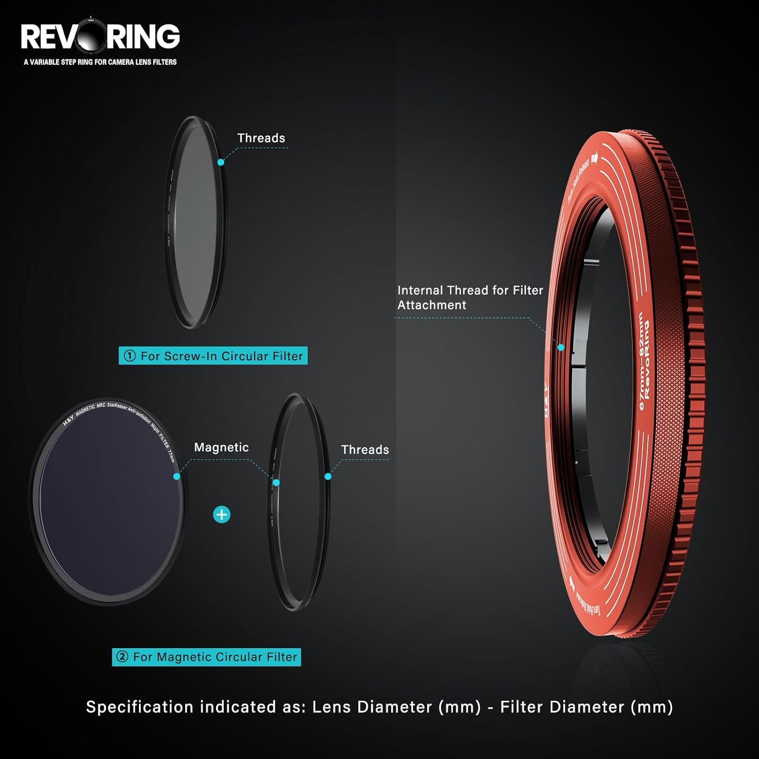 H&Y Filters 52-72mm Red RevoRing Variable Adapter for 77mm Filters-Variable Lens Adapter Rings-Kudos Cameras