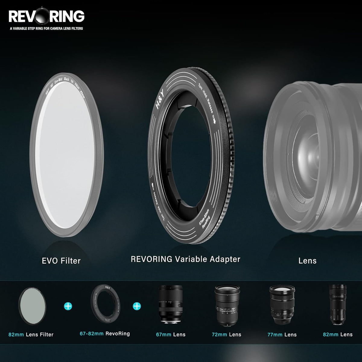 H&Y Filters 67-82mm Titanium Gray RevoRing Variable Adapter for 82mm Filters-Variable Lens Adapter Rings-Kudos Cameras