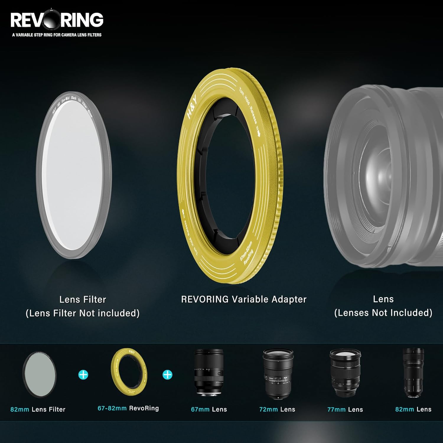 H&Y Filters 67-82mm Yellow RevoRing Variable Adapter for 82mm Filters-Variable Lens Adapter Rings-H&Y Filters
