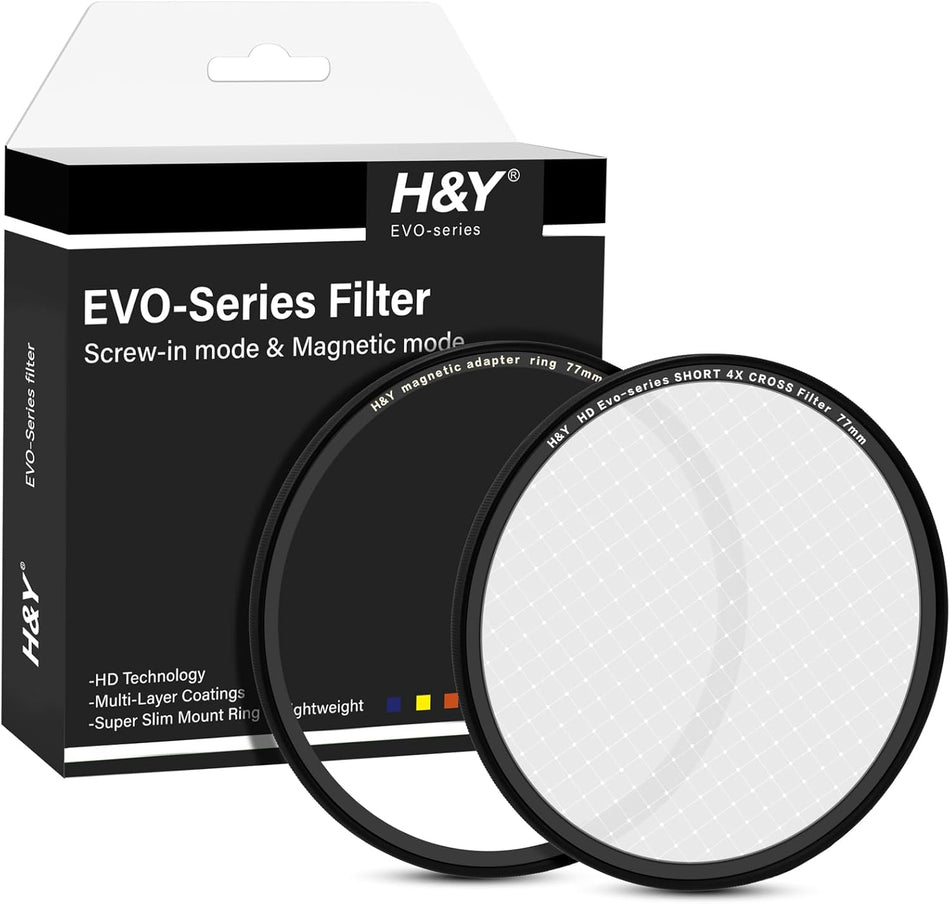 H&Y Filters HD EVO-Series Magnetic Short 4X Cross Star Filter & Adapter Ring - 77mm-Cross Star Filters-H&Y Filters