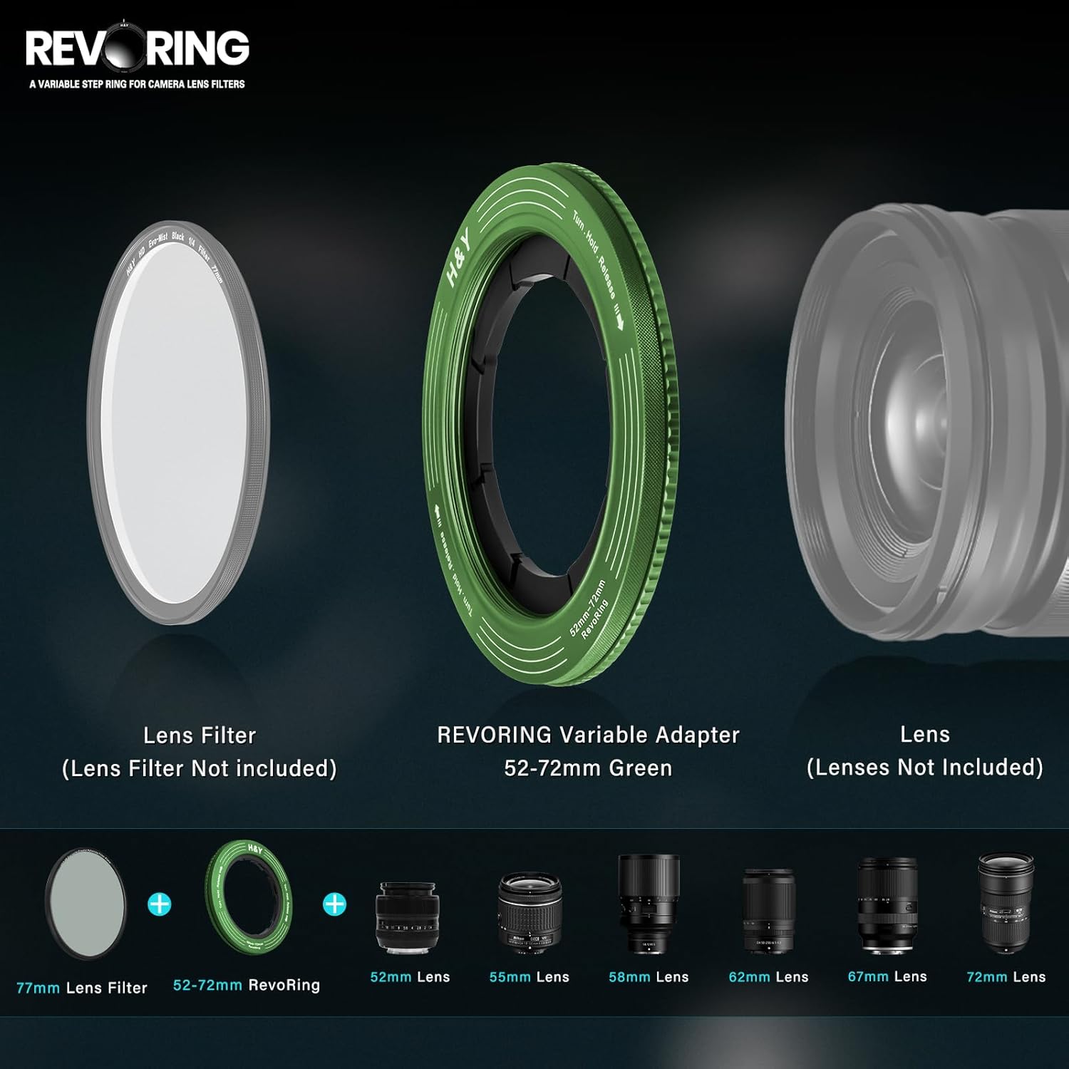 H&Y Filters RevoRing 52-72mm Variable Adapter for 77mm Filters - Green-Variable Lens Adapter Rings-Kudos Cameras
