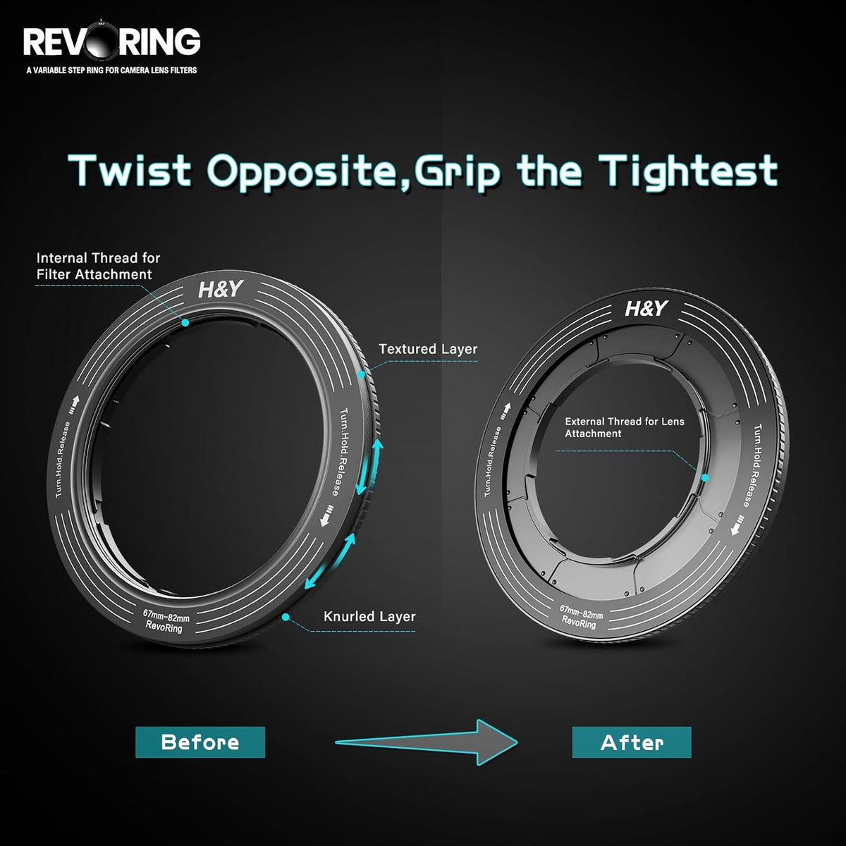 H&Y Filters RevoRing 52-72mm Variable Adapter for 77mm Filters - Titanium Grey-Variable Lens Adapter Rings-H&Y Filters