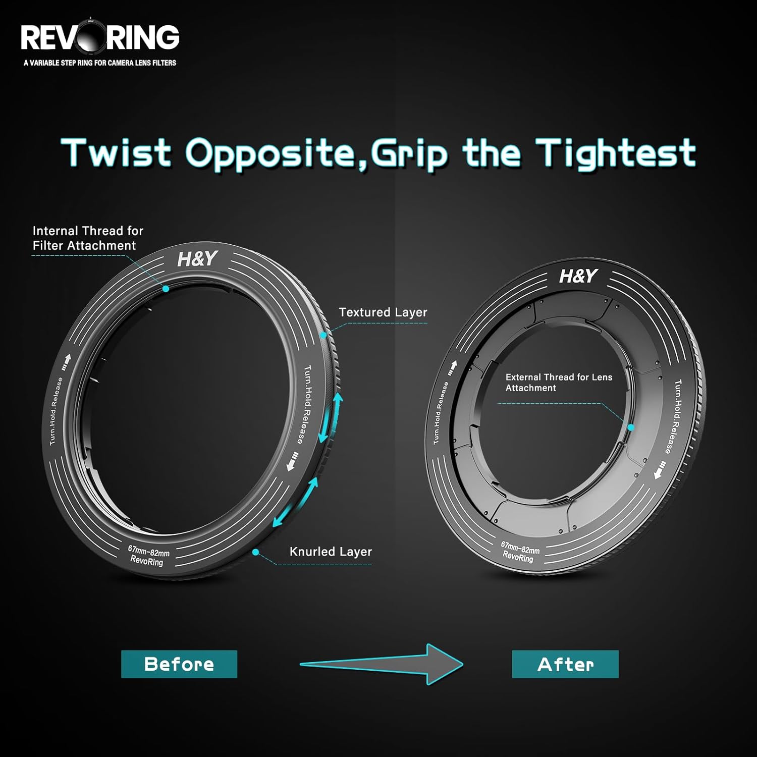 H&Y Filters RevoRing 52-72mm Variable Adapter for 77mm Filters - Titanium Grey-Variable Lens Adapter Rings-H&Y Filters