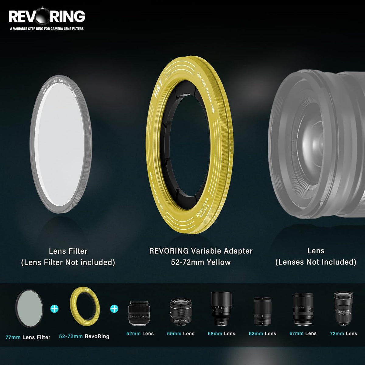 H&Y Filters RevoRing 52-72mm Variable Adapter for 77mm Filters - Yellow-Variable Lens Adapter Rings-H&Y Filters