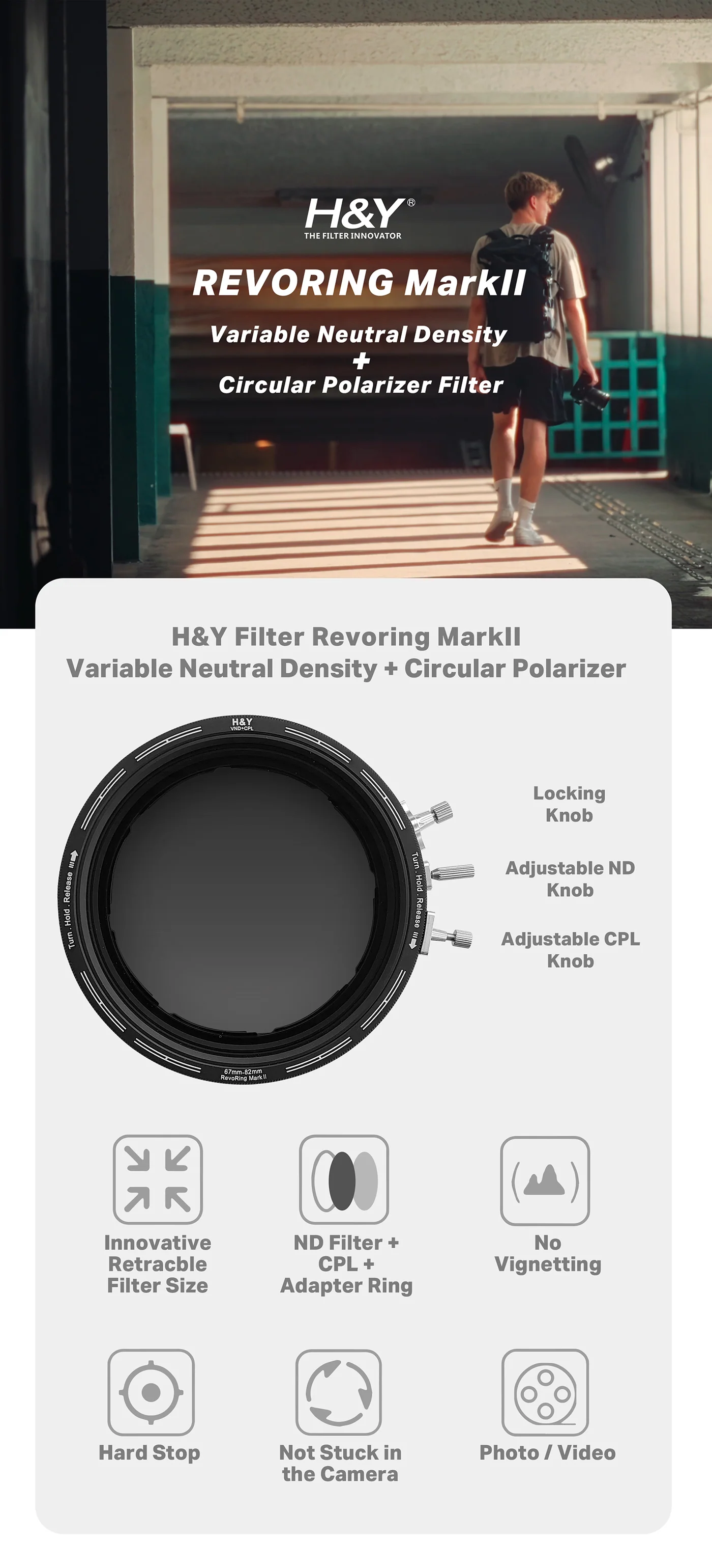 H&Y Filters RevoRing MKII Variable ND3-ND1000 & Circular Polarizer Filter (46-62mm)-Variable Lens Adapter VND+CPL Filter-Kudos Cameras