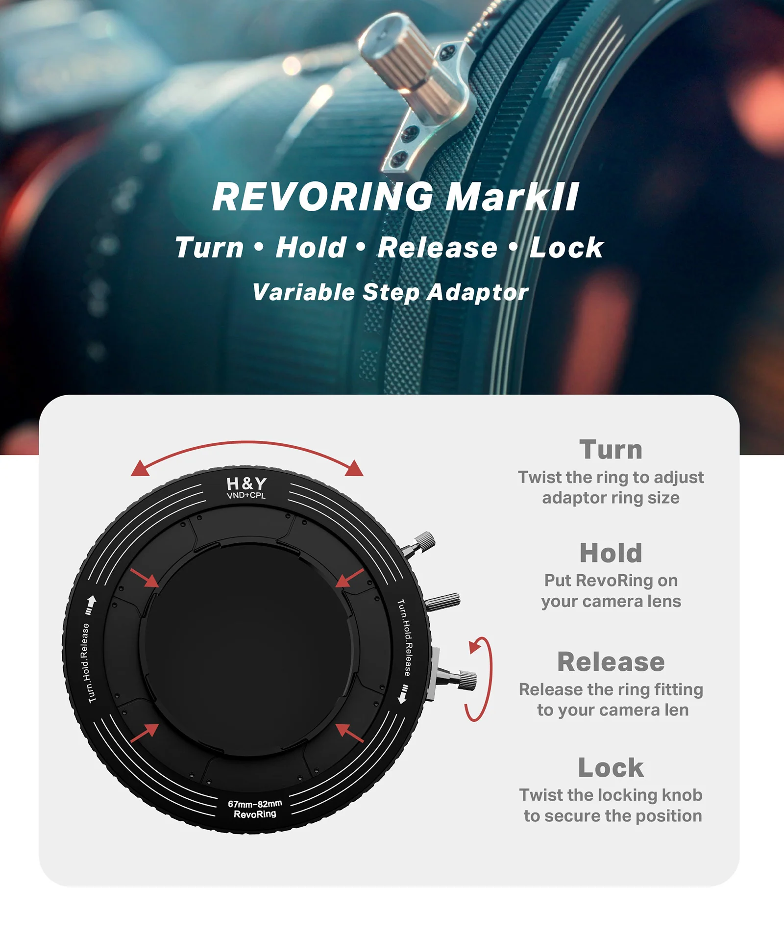 H&Y Filters RevoRing MKII Variable ND3-ND1000 & Circular Polarizer Filter (46-62mm)-Variable Lens Adapter VND+CPL Filter-H&Y Filters