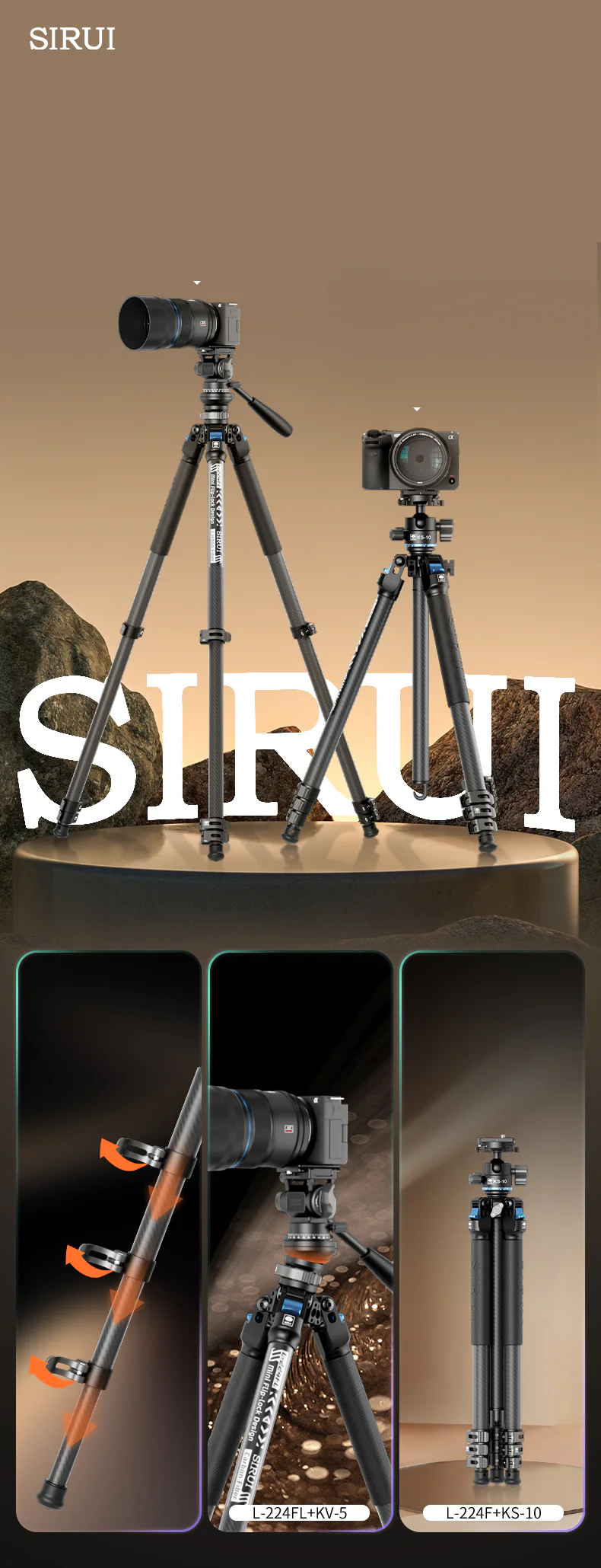 SIRUI L-Series L-224FL+KV-5 Flip Lock Carbon Fiber Tripod Kit