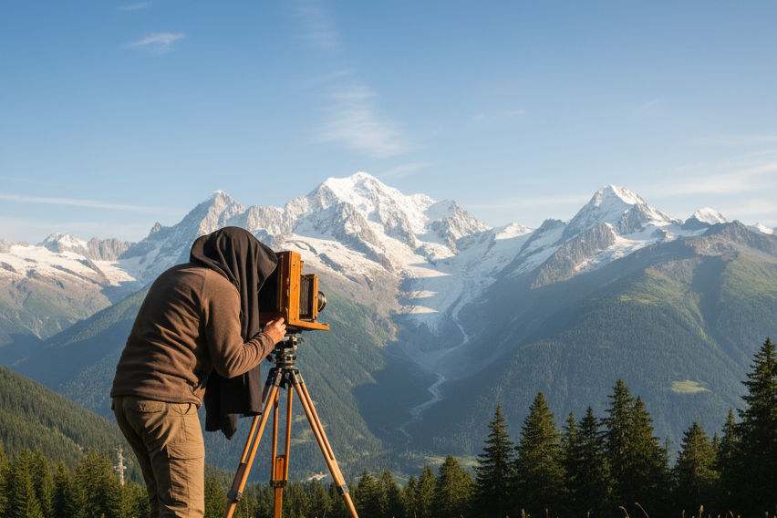Large format camera photographing the Chamonix Alps
